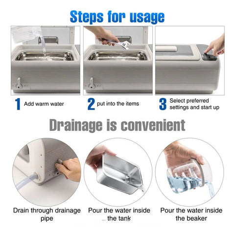 Steps for usage of Score Crystal Clear Sound Back With This Digital Pro Vinyl Record Cleaner with stainless steel tank.
