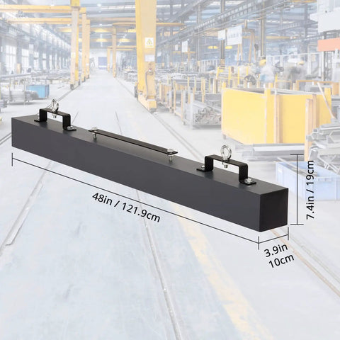 Heavy Duty Hanging Magnetic Sweeper 48 Inch Nail Magnet With 120 Lbs Lift Capacity Aluminum Casing Forklift Compatible Floor Cleanup Tool For Industrial Garages And Warehouses displayed in a warehouse setting.