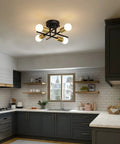 Sleek Black And Gold Sputnik Ceiling Light Fixture Four Light Semi Flush Mount For Kitchen Island Bedroom Living Room Dining Area Chandelier Style That Pops And Totally Elevates Your Space Bulb Not Included in modern kitchen.