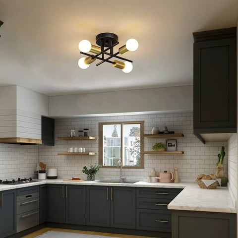 Sleek Black And Gold Sputnik Ceiling Light Fixture Four Light Semi Flush Mount For Kitchen Island Bedroom Living Room Dining Area Chandelier Style That Pops And Totally Elevates Your Space Bulb Not Included in modern kitchen.