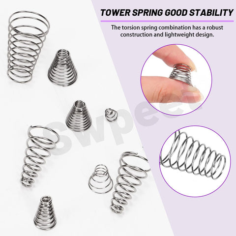 Swpeet stainless steel conical springs assortment kit, multiple tapered springs in 10 sizes on white background