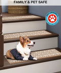 Non Slip Stair Treads Tape Set Of 15 7 By 30 Inches For Indoor Outdoor Steps with pet on stair, dark gray traction tape.