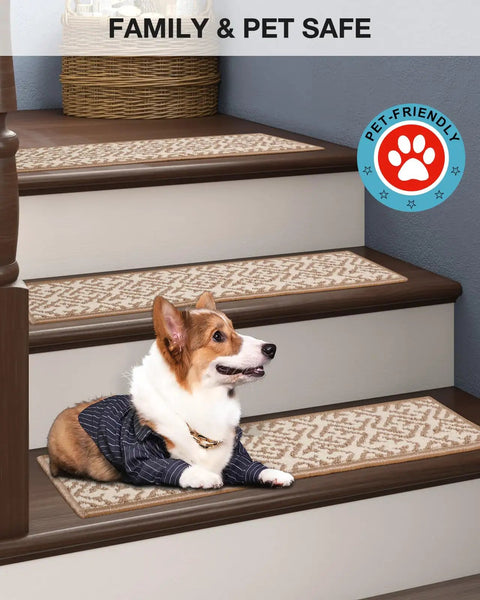 Non Slip Stair Treads Tape Set Of 15 7 By 30 Inches For Indoor Outdoor Steps with pet on stair, dark gray traction tape.