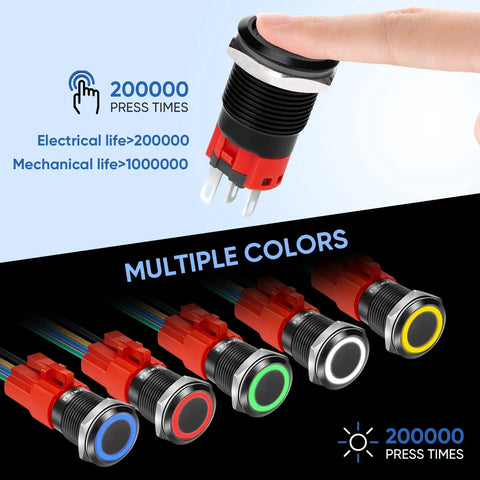 12V Latching Push Button Switch With Waterproof LED Ring Red Light For Car On Off Power Button 0.63 Inch Mount Hole Self Locking