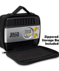 Slick And Dead Simple 12 Volt Portable Tire Inflator With Auto Shut Off And High Precision Digital Gauge in zippered storage bag.