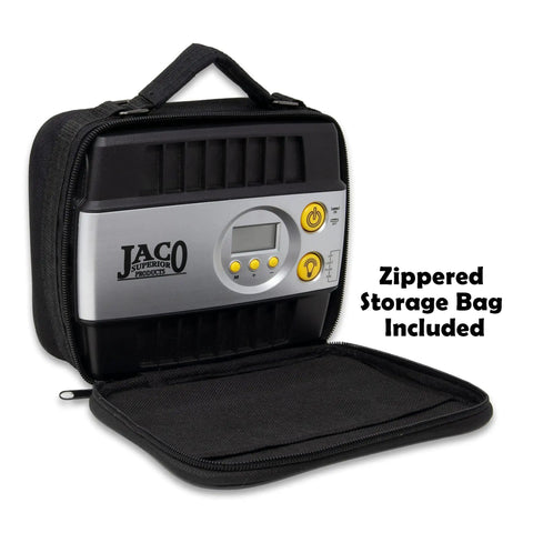 Slick And Dead Simple 12 Volt Portable Tire Inflator With Auto Shut Off And High Precision Digital Gauge in zippered storage bag.