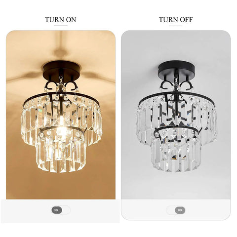 Crystal Raindrop Mini Chandelier Semi Flush Mount Ceiling Light, turned on left, turned off right, E26 bulb compatible