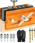Self Centering Doweling Jig Kit For Precise Woodworking Adjustable Width Dowel Jig With 3 Drill Bit Sizes And 6 Bushings displayed.