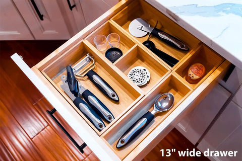 2.5 Inch High Bamboo Drawer Organizer With Five Rearrangeable Bins For Kitchen, Office, Makeup, Jewelry And Closet, Durable Bamboo Construction For Neat Drawers And Easy Access shown in a kitchen drawer.