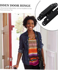 Concealed Hidden Door Hinge With Adjustable Alignment Satin Finish For Wooden Doors 180 Degree Swing Heavy Duty 40kg Load Capacity Prevent Pinching Metal Door Hinge By NUOBESTY shown installed on a wooden door and separately in close-up.
