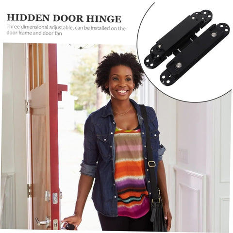 Concealed Hidden Door Hinge With Adjustable Alignment Satin Finish For Wooden Doors 180 Degree Swing Heavy Duty 40kg Load Capacity Prevent Pinching Metal Door Hinge By NUOBESTY shown installed on a wooden door and separately in close-up.