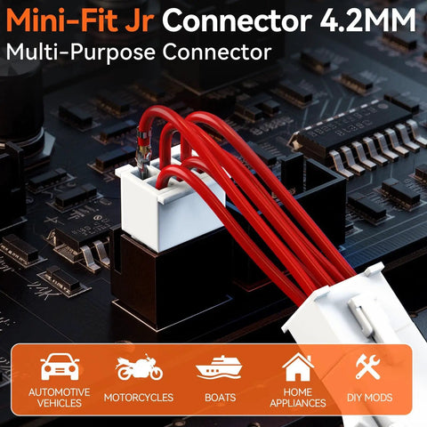 Close-up of Mini-Fit Jr Crimping Kit Pro Grade with 12 Connector Types 2-10 Pin Molex 4.2mm on a circuit board.