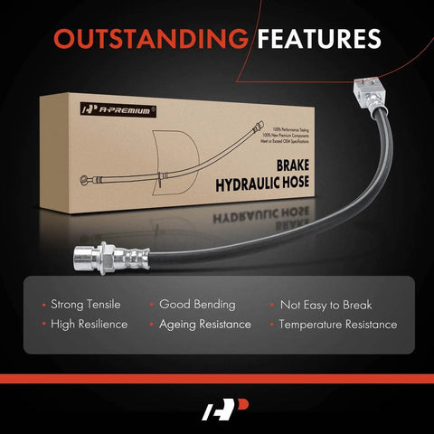 Rear Center Brake Hydraulic Hose For Classic GM Vehicles Compatible With Chevrolet, GMC, Buick, Cadillac, Pontiac And Oldsmobile Models Including C10 C20 C30 Impala Camaro Blazer Seville Firebird And More showing packaging and features.