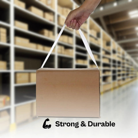 No Frills Clear Packing Tape Two Point Five Mil Thick One Point Eight Eight Inches Wide Six Pack Machine Length Rolls Heavy Duty Adhesive Carton Sealer holding a packed box.