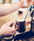 12 Oz Milk Frothing Pitcher Stainless Steel For Espresso Lovers Pro Grade Barista Vibe 304 Stainless Steamer Cup in use