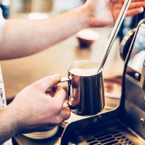 12 Oz Milk Frothing Pitcher Stainless Steel For Espresso Lovers Pro Grade Barista Vibe 304 Stainless Steamer Cup in use