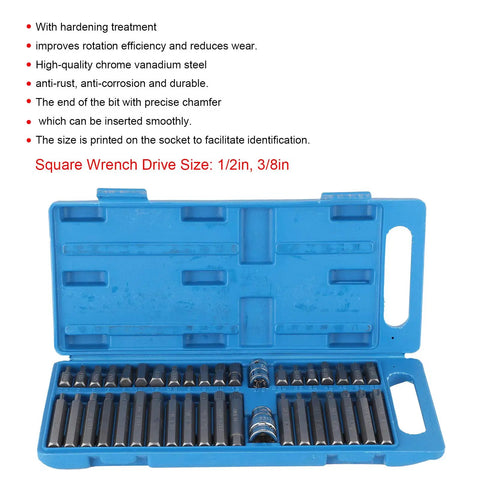 Open blue toolbox with 40 Piece Star Spline Hex Socket Bit Set with One Half Inch and Three Eighth Inch Square Drive displayed