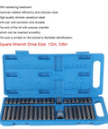 40 Piece Star Spline Hex Socket Bit Set For One Half Inch And Three Eighth Inch Drive Wrenches With Toolbox A Handy Pro Grade Kit For Auto And Home Repairs in blue case with sockets displayed.