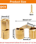 Close-up image of Heavy Duty Genuine Brass Hidden Barrel Hinges, 14mm with standard screws, dimensions shown, set of four.