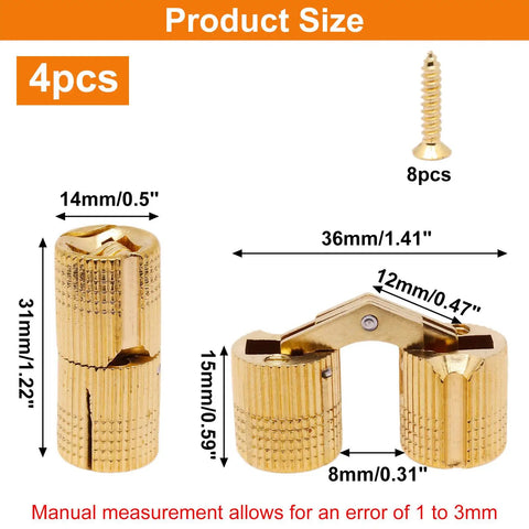 Close-up image of Heavy Duty Genuine Brass Hidden Barrel Hinges, 14mm with standard screws, dimensions shown, set of four.