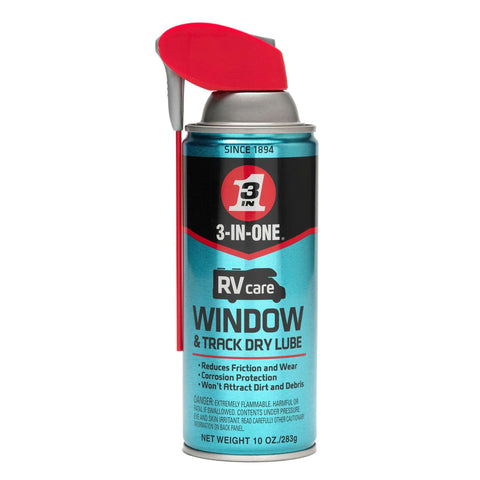 Window and Track Dry Lubricant for RVs With Smart Straw Sprays Two Ways 10 Oz can, front view with red nozzle, blue label
