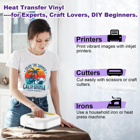 Woman using Iron on Inkjet Printable Heat Transfer Vinyl For T Shirts With Alignment Masks, 7 Sheets 8.5 By 11 Inches