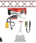 Heavy Duty Electric Hoist With Remote Control For Lifting Engines And Heavy Gear At The Garahage Or Shop, Built For Tough Jobs And Fast Work Any Day! mounted on a truss with remote control.