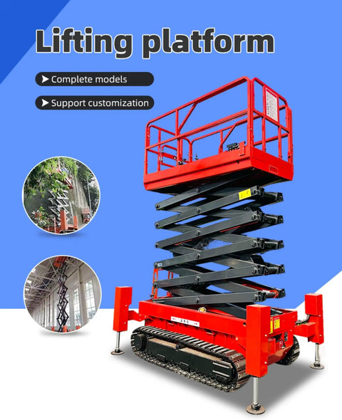Heavy Duty Tracked Scissor Lift Featuring Hydraulic Work Platform For Rough Terrain Sites. Red hydraulic lift with crawler tracks.