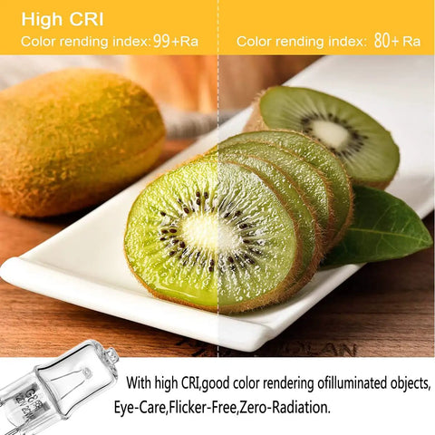 G8 BiPin 20W 120V Microwave Replacement Bulb With 3000K Light showing high CRI comparison using sliced kiwifruit on a plate