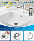 Universal Bathroom Sink Drain Strainer With All Metal Pop Up Stopper And Removable Stainless Steel Filter Basket Stops Pesky Hair Blockage For A Hella Smooth And Leak Free Daily Wash Silver in a modern bathroom setting.