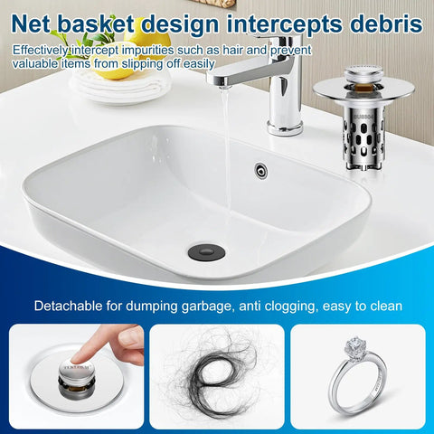 Universal Bathroom Sink Drain Strainer With All Metal Pop Up Stopper And Removable Stainless Steel Filter Basket Stops Pesky Hair Blockage For A Hella Smooth And Leak Free Daily Wash Silver in a modern bathroom setting.