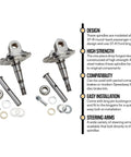 Forged Front Spindles With King Pins For Ford 1928 1948 shown with components, 4140 steel, compatible with drum brakes and 37 41 cars.