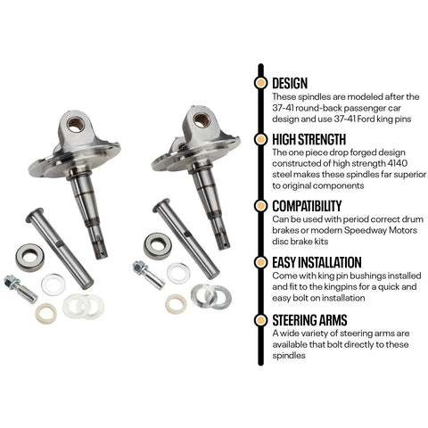 Forged Front Spindles With King Pins For Ford 1928 1948 shown with components, 4140 steel, compatible with drum brakes and 37 41 cars.