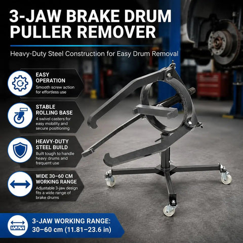 Beefy Three Jaw Brake Drum Puller with Adjustable Arms and Four Caster Legs for Cars and Trucks in workshop setting