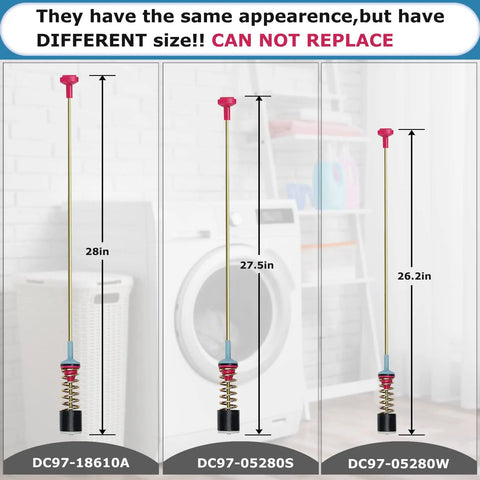 Comparison of DC97-18610A, DC97-05280S, DC97-05280W washer suspension rods with different sizes for Samsung Washers.