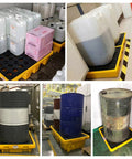 Leak-Proof Oil Drum Spill Containment Tray with Drain in use with various drums and containers in a garage setup.