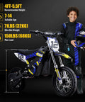 Electric Dirt Bike for Kids 1000W 36V Youth Motocross with 3 Speed Modes, boy holding helmet, dual suspension, blue