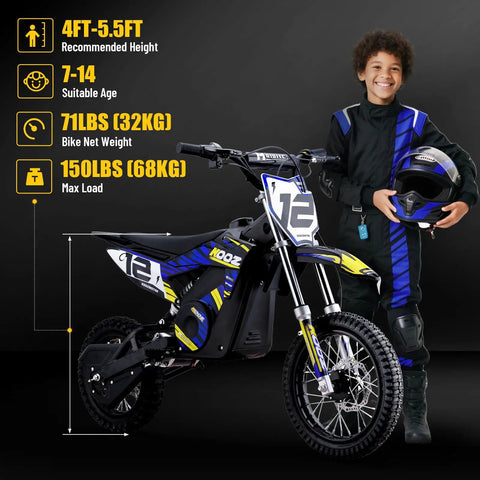 Electric Dirt Bike for Kids 1000W 36V Youth Motocross with 3 Speed Modes, boy holding helmet, dual suspension, blue