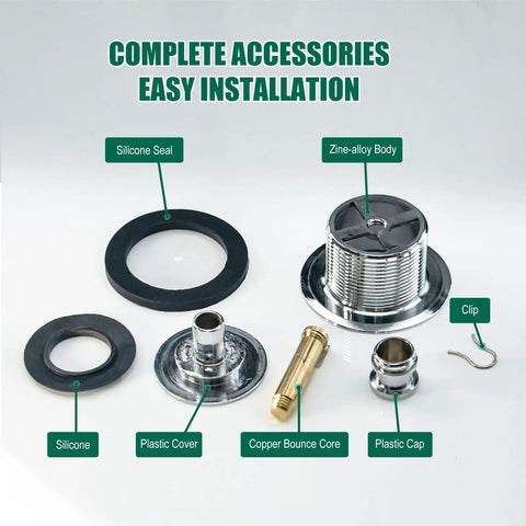 Complete accessories of Heavy Duty Tub Drain Kit With Slick Push Pull Bathtub Strainer And Durable Zinc Alloy Body Plus Classic Chrome Finish.