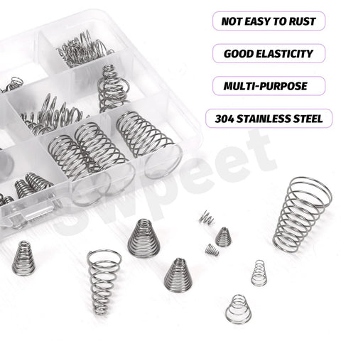 Swpeet 123Pcs conical stainless steel springs kit in clear plastic organizer, 10 sizes, 304 stainless steel, Amazon brand