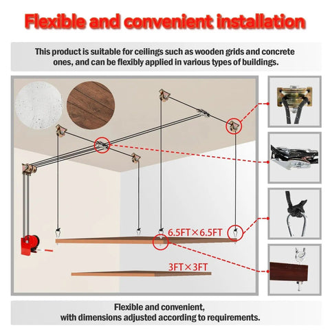 Diagram of One Person Adjustable Overhead Garage Storage Lift With Hand Crank No Ladder Needed Heavy Duty Ceiling Mounted Rack System 300 Lb Capacity Hoist For Easy Garage Organization And 16 Ft Reach installation showing dimensions and components.