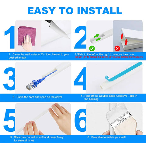 Step-by-step installation guide for Cord Hider Wall Cable Cover 142 Inch Kit With 9 Channels ROHS And REACH Certified.