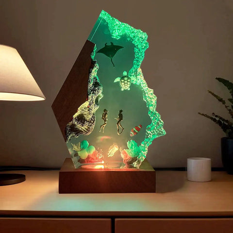 Scuba Diver Ocean Resin Lamp With Multicolor LED Night Light, USB Powered Handmade Epoxy Decor on wood base featuring 3D ocean scene.