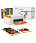 Bluetooth Photo Printer For iPhone Portable Dye Sublimation Printer With Dual Tray Prints 4x6 Photo Paper And 3x3 Sticker Paper Includes 60 Sheets Of 4x6 Paper 20 Sheets Of 3x3 Sticker Paper And 2 Cartridges displayed with packaging and paper sheets.