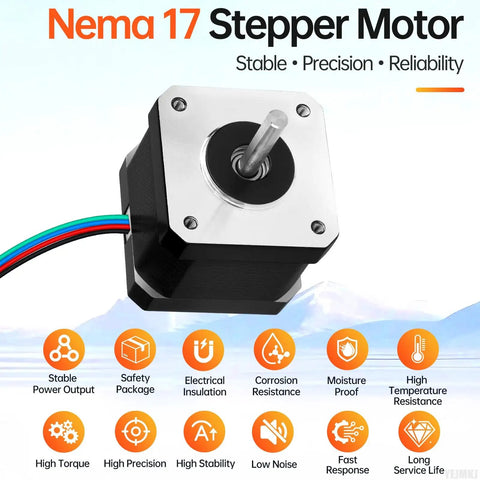 Image of a Nema 17 stepper motor showing features like high torque and stability, part of the 5 Pack Nema 17 Stepper Motors 2 Phase set.