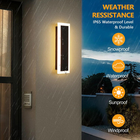 2 Pack Outdoor Wall Light LED 8W Long 11.8 Inch Black Metal Modern Exterior Lighting Fixture With Frosted Acrylic Waterproof Porch Sconce Brightens Patio Garage Front Door Entryway Hallway beside doorway in rain