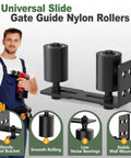 Adjustable Sliding Gate Roller Hardware Kit with Heavy Duty Steel Wall Mount Bracket and Nylon Roller Guide, black finish