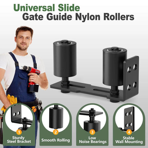 Adjustable Sliding Gate Roller Hardware Kit with Heavy Duty Steel Wall Mount Bracket and Nylon Roller Guide, black finish