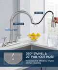Sharp 8 Inch Two Handle Pull Down Kitchen Faucet With Integrated Soap Dispenser Sleek Brushed Nickel Finish showing 360° swivel and 20-inch pull-out hose.