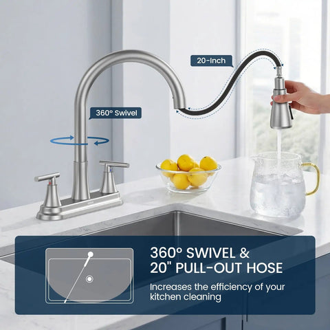 Sharp 8 Inch Two Handle Pull Down Kitchen Faucet With Integrated Soap Dispenser Sleek Brushed Nickel Finish showing 360° swivel and 20-inch pull-out hose.